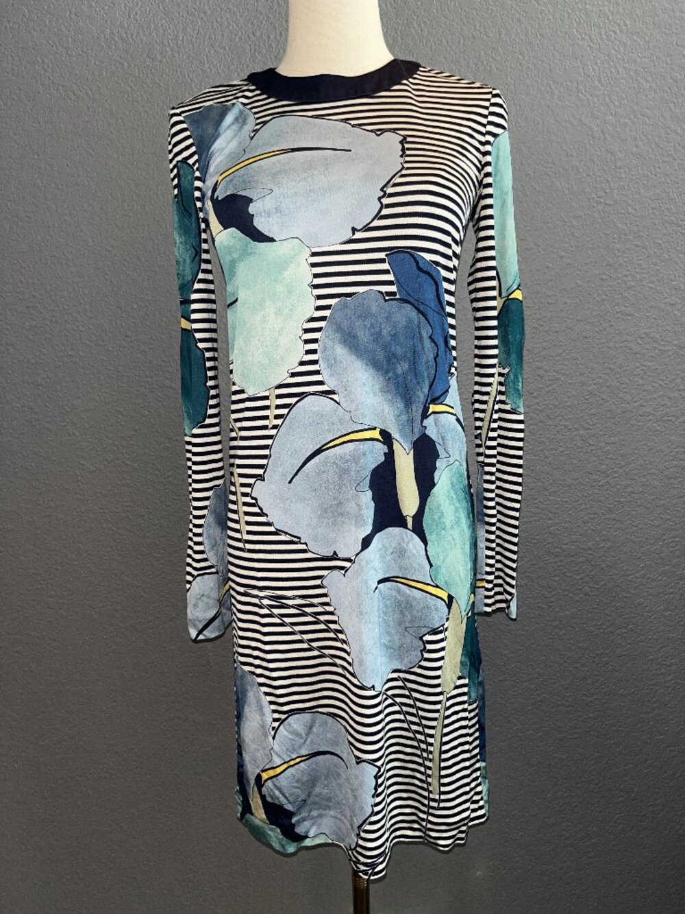 Tory Burch Annette Striped Floral Silk Long Sleeve Shift Sheath Blue Iris Dress